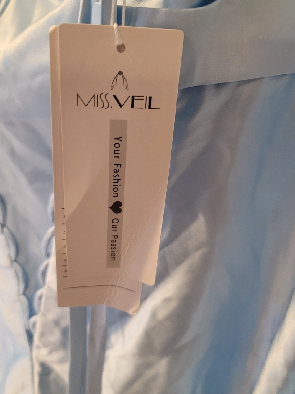 NWT MISS VEIL V Neck Satin Light Blue Gown Corseted Waist Tie Size 16 - Picture 6 of 12